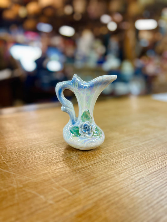 Vintage Lusterwire Pitcher with White Iridescent Glaze and Blue Rose Design