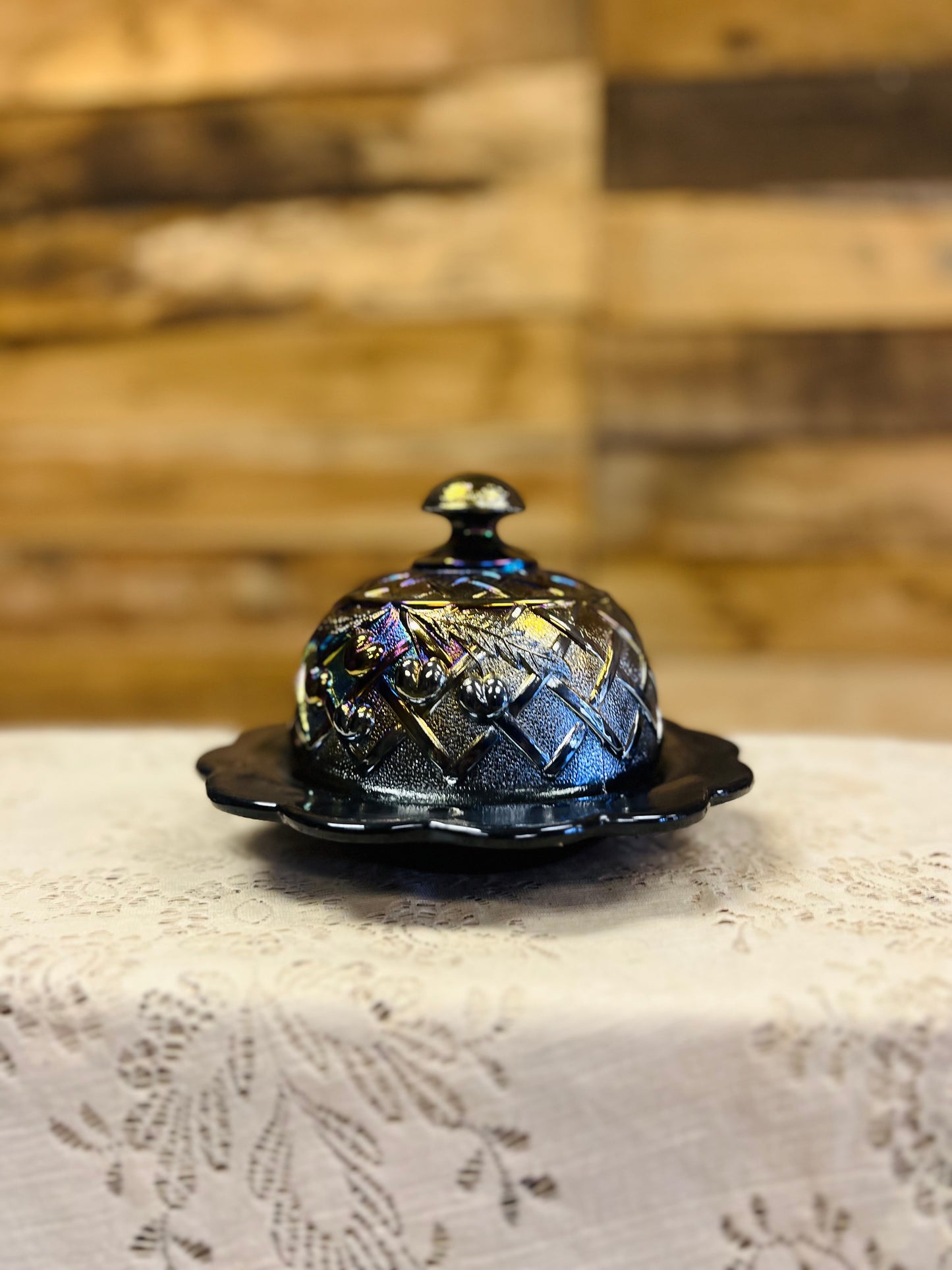 Vintage Mosser Carnvial Glass Covered Butter Dish