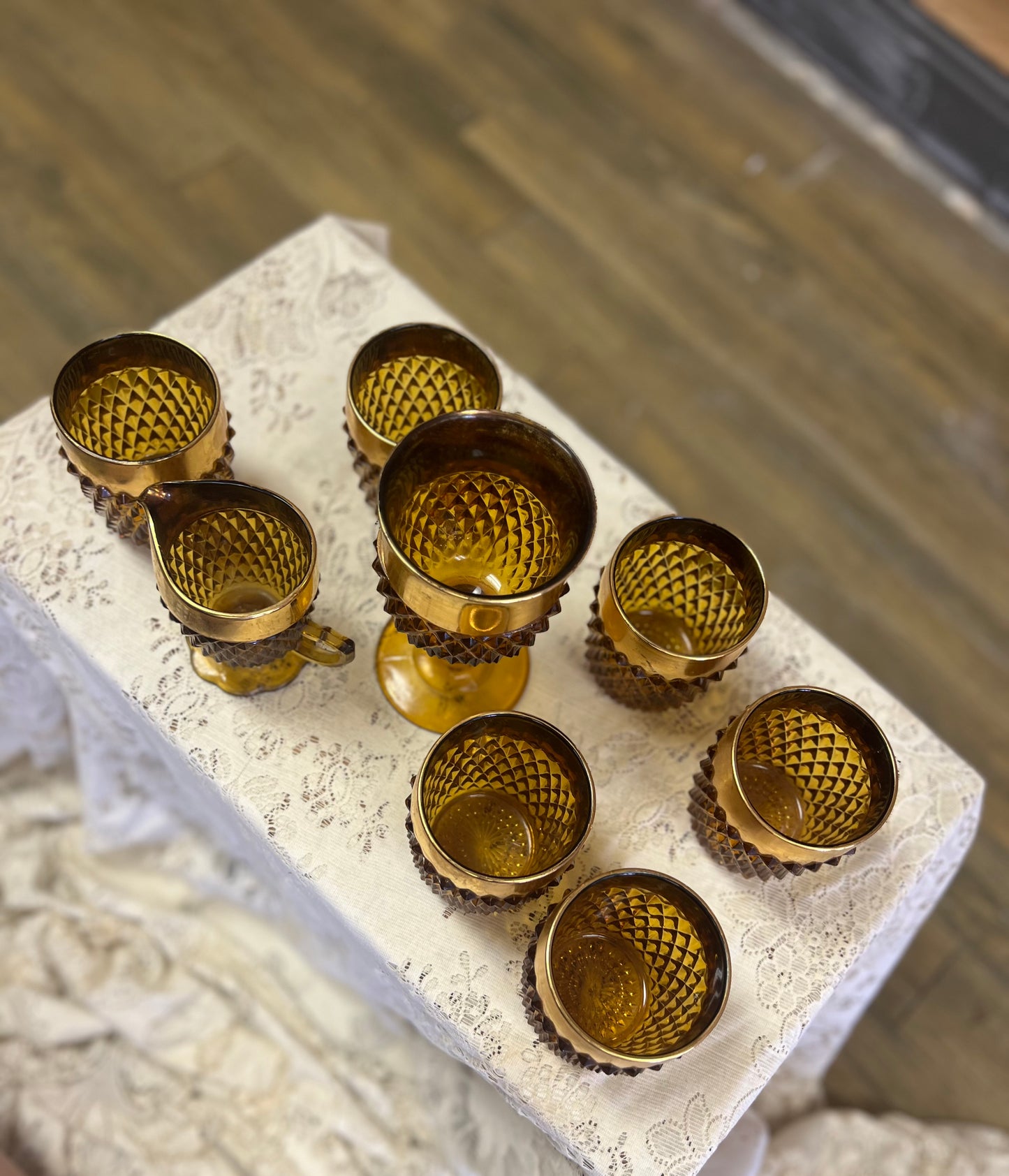 Vintage Indiana Glass Amber Diamond Point Tumbler 8 Piece Set