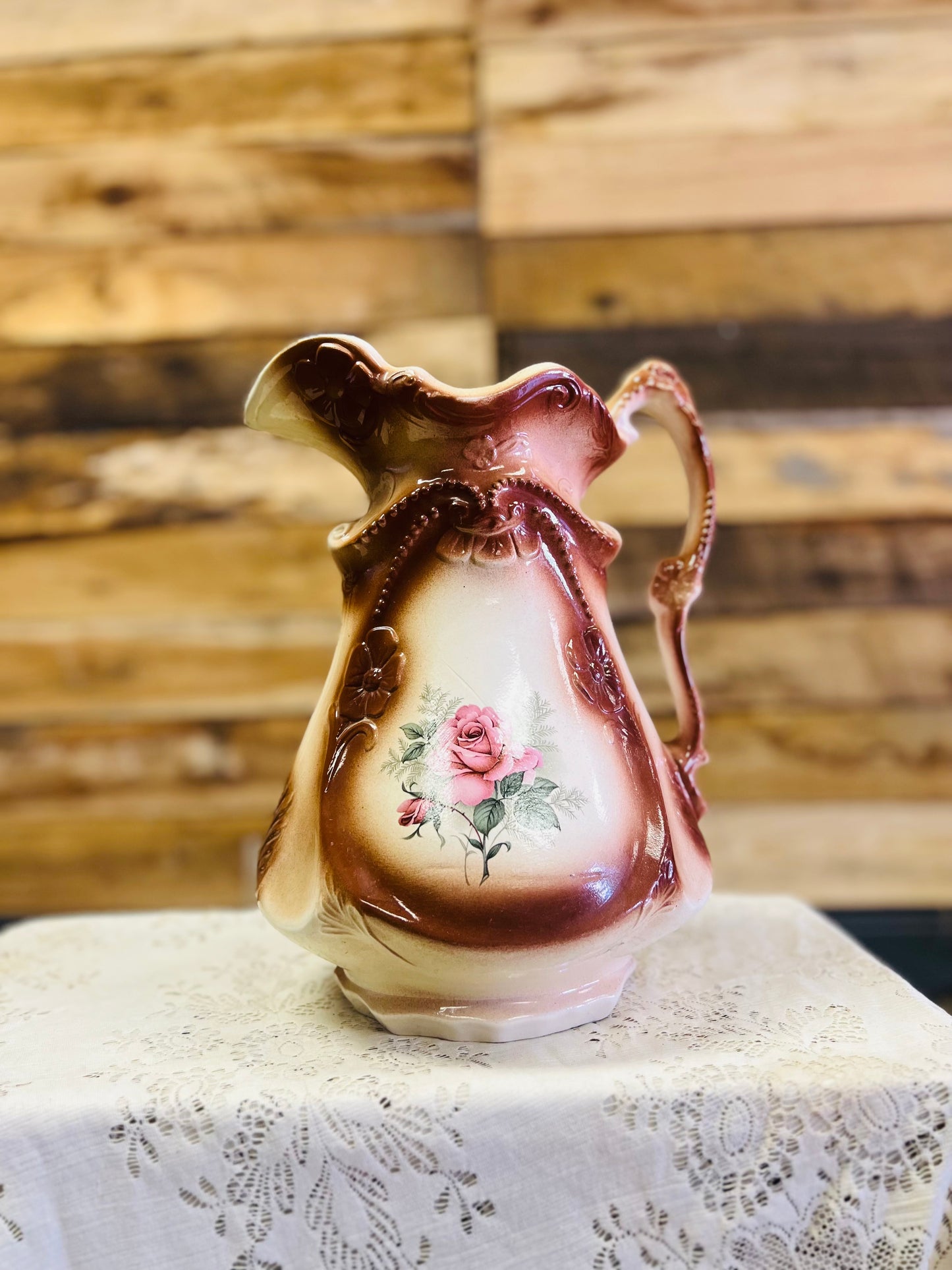 Vintage Ironstone Large Rose Pitcher