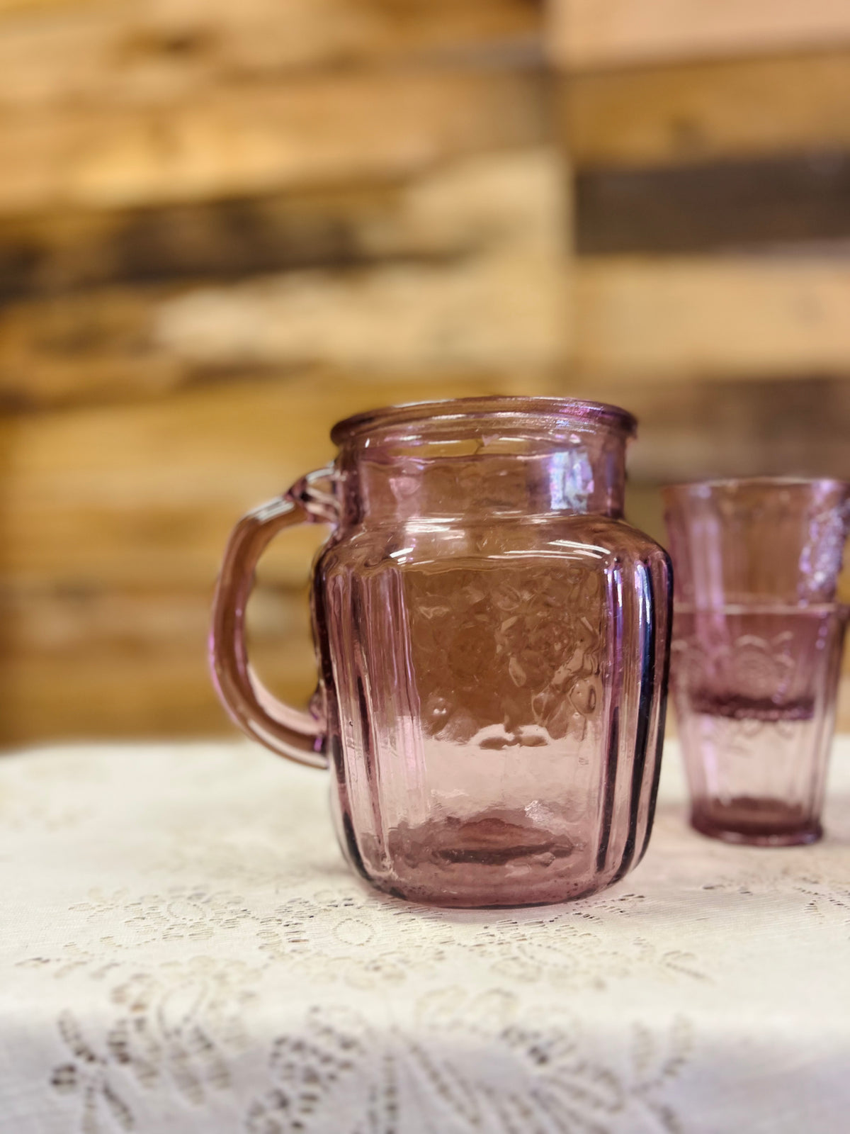 Vintage Purple Glass Ptcher With 4 Cups