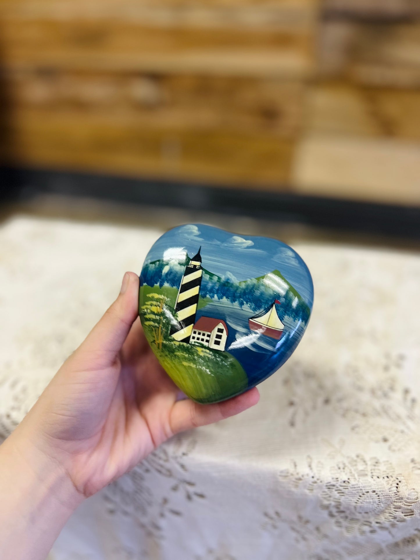 Vintage Nautical Heart Shaped Trinket Lighthouse Scene Dish