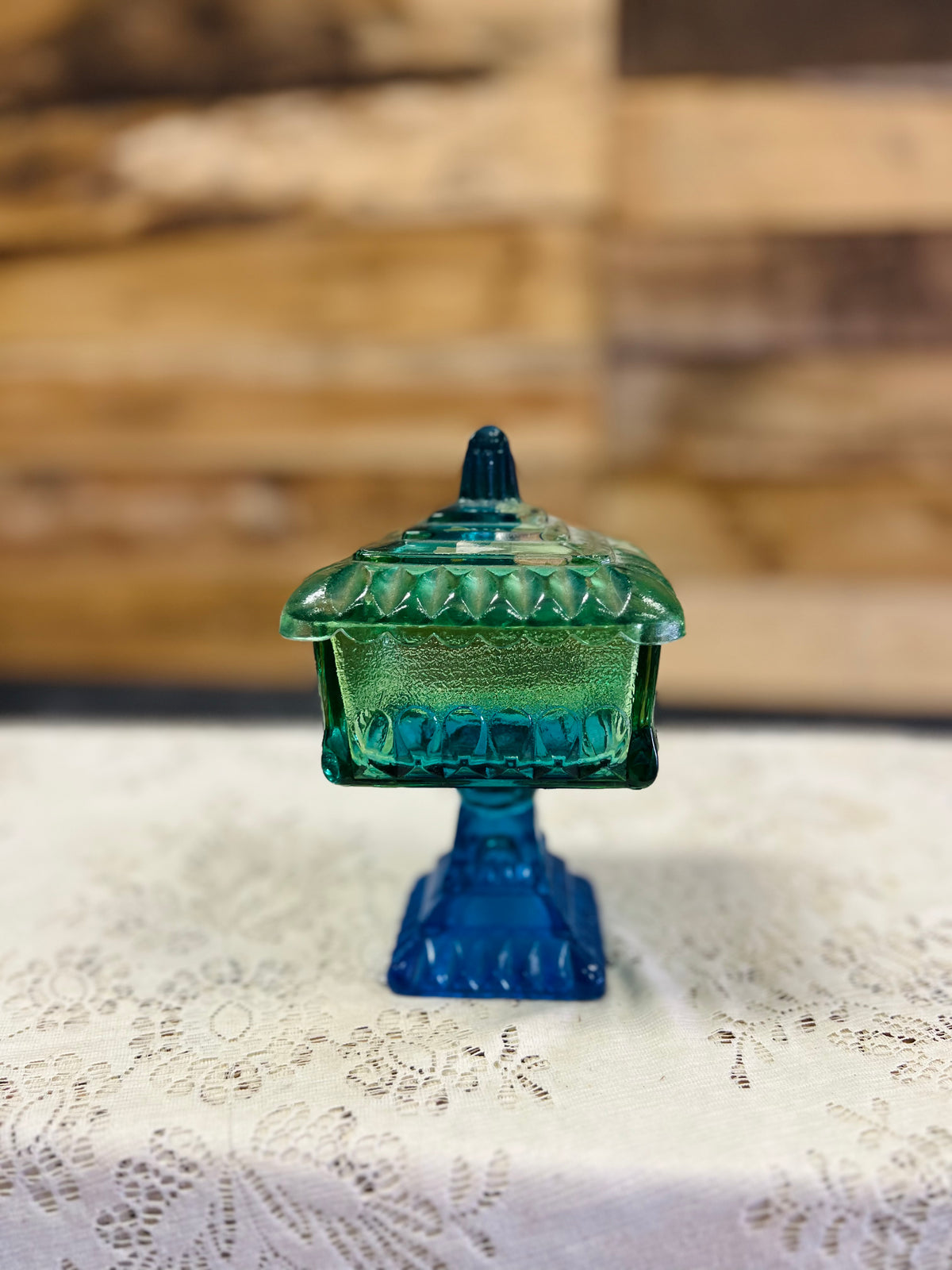 Vintage Blue & Green Ombre Pedestal Dish