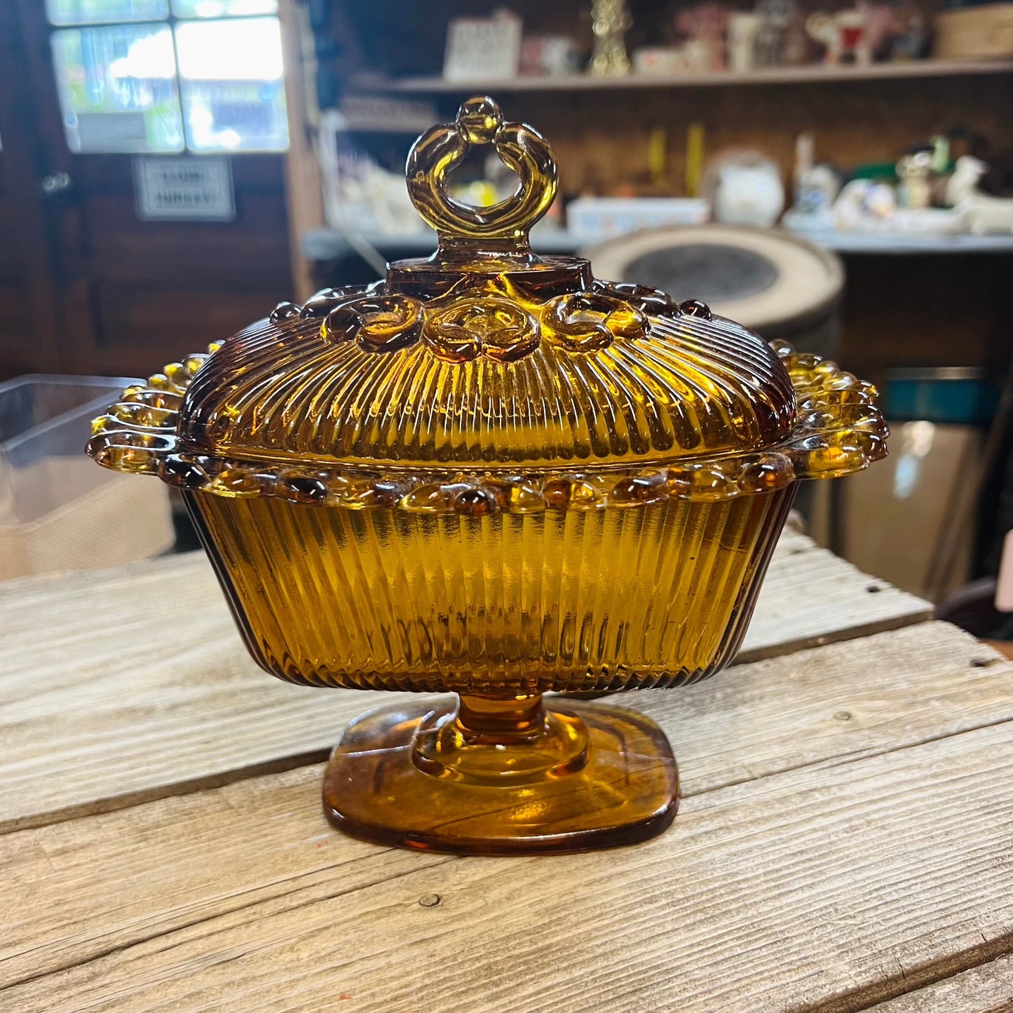 Glass Amber Candy Dish with Lid