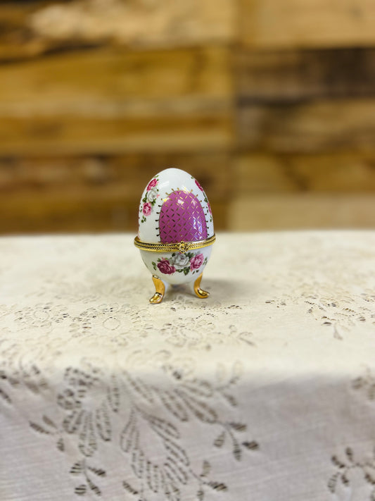 Vintage Egg Shaped Ceramic Trinket Box with Floral Designs