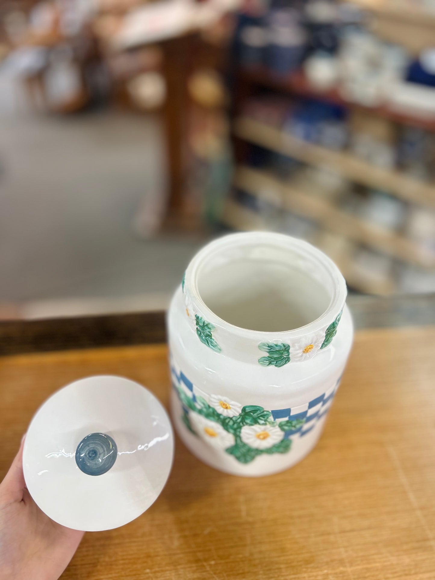 Vintage 1997 Young's Canister with Blue Gingham and Raised Daisy Detailing