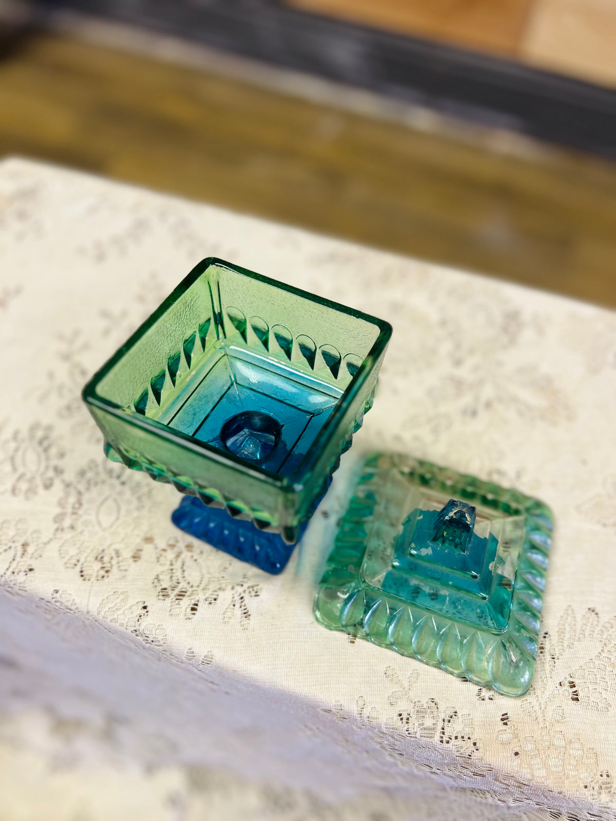 Vintage Blue & Green Ombre Pedestal Dish