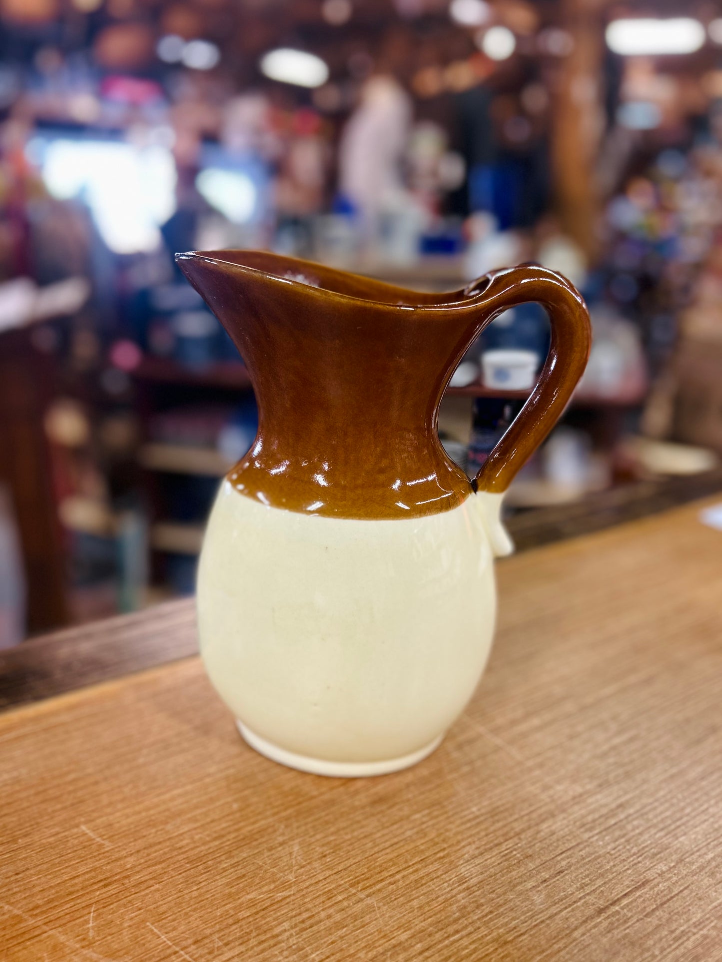 Antique Glazed Pottery Brown and Beige Water Pitcher