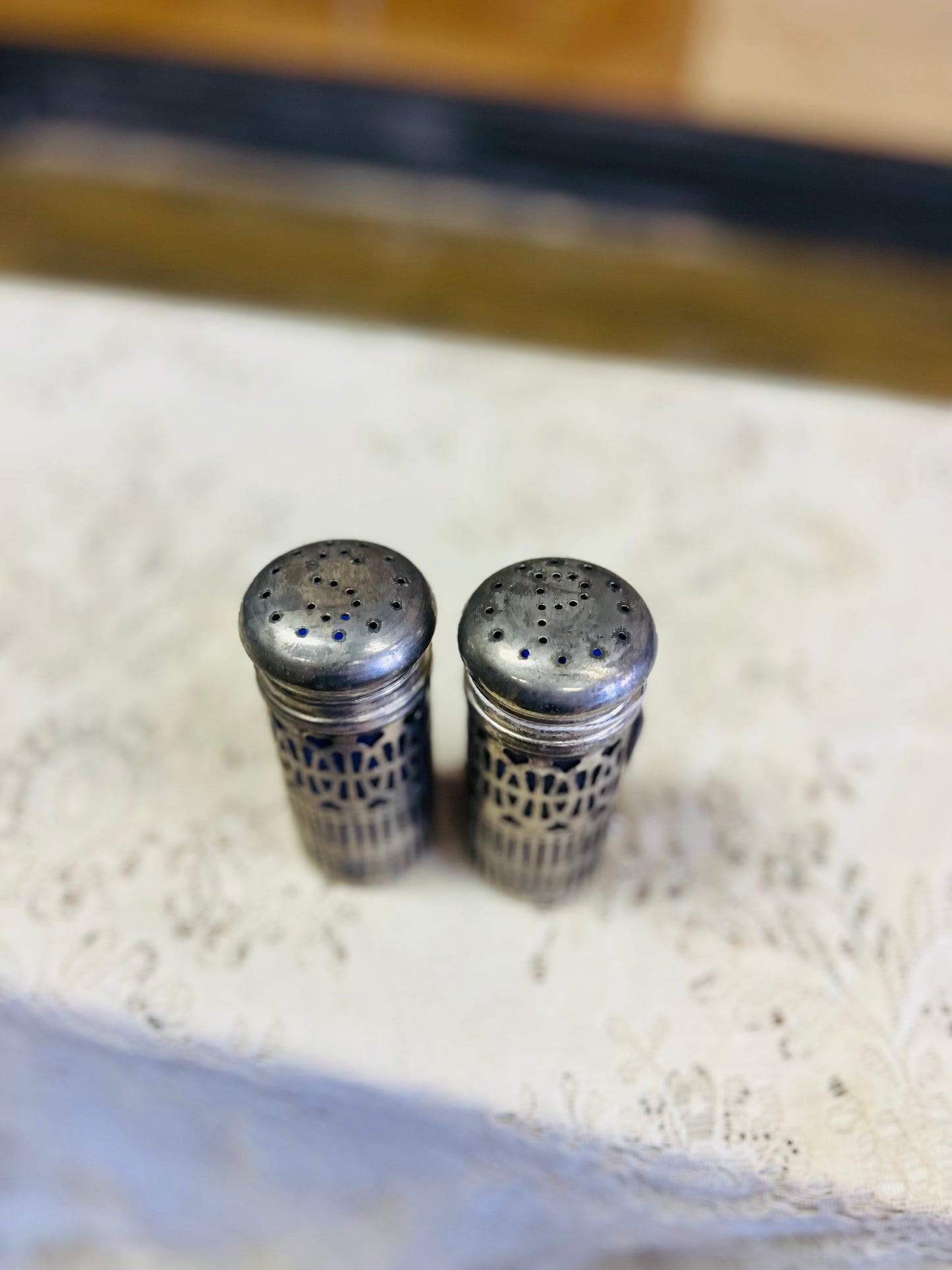 Vintage Cobalt Blue Salt and Pepper Shakers with Silver Plate