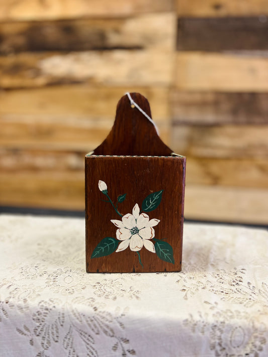 Vintage Wooden Wall Pocket with Floral Design