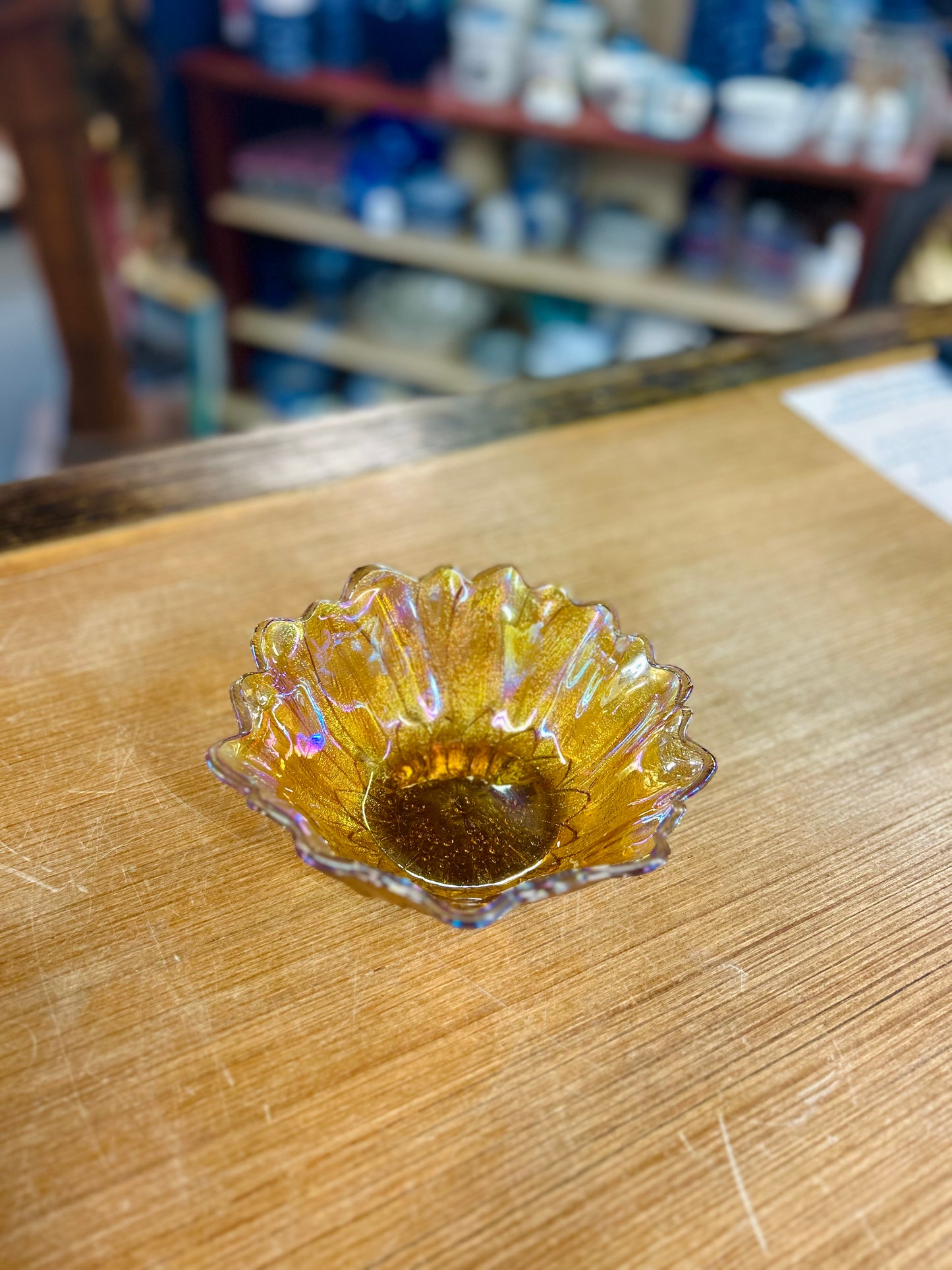 Vintage Indiana Glass Sunflower Bowl Featuring Marigold Carnival Iridescent Finish