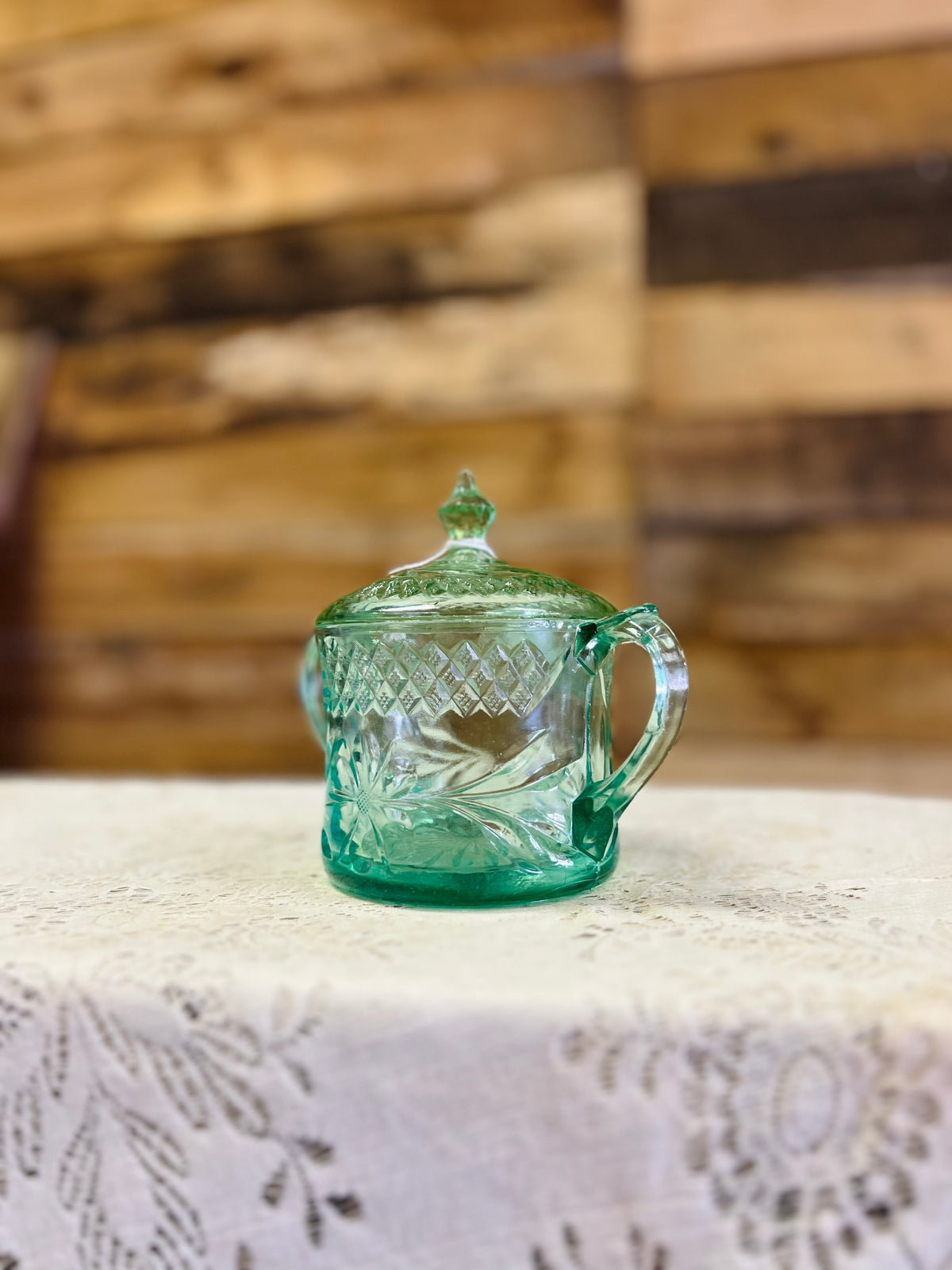 Vintage Green Double Handled Uranium Glass Dish With Lid