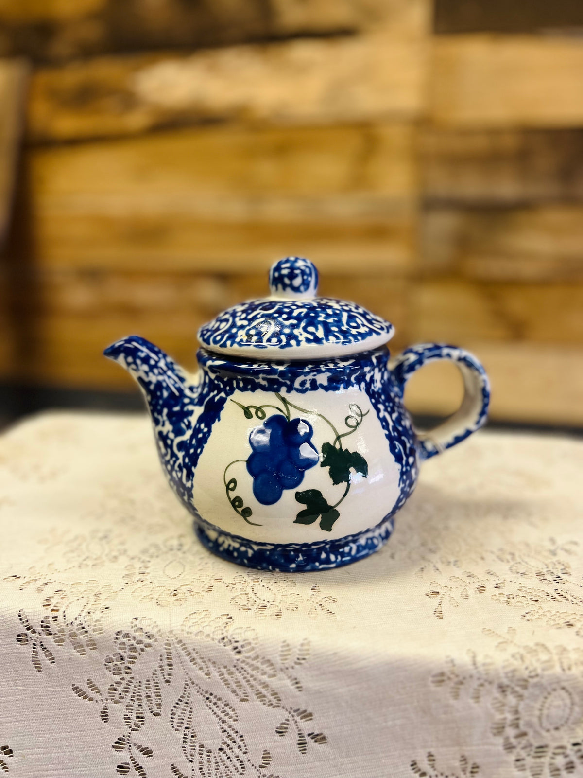 Vintage Blue Teapot With Grapes