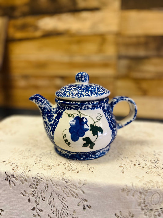 Vintage Blue Teapot With Grapes