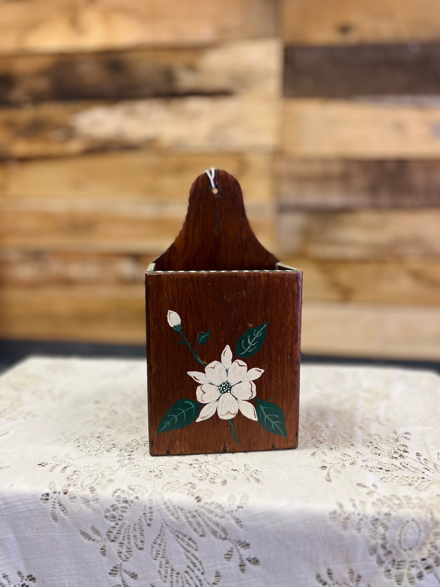 Vintage Wooden Wall Pocket with Floral Design