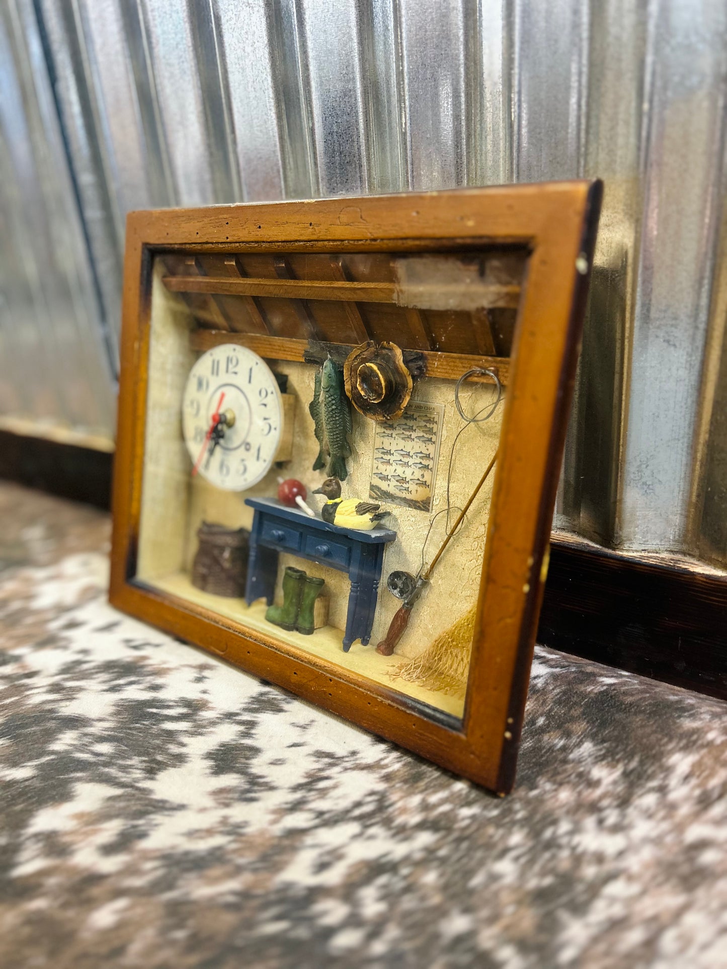 Vintage Fishing Themed Shadow Box with Clock