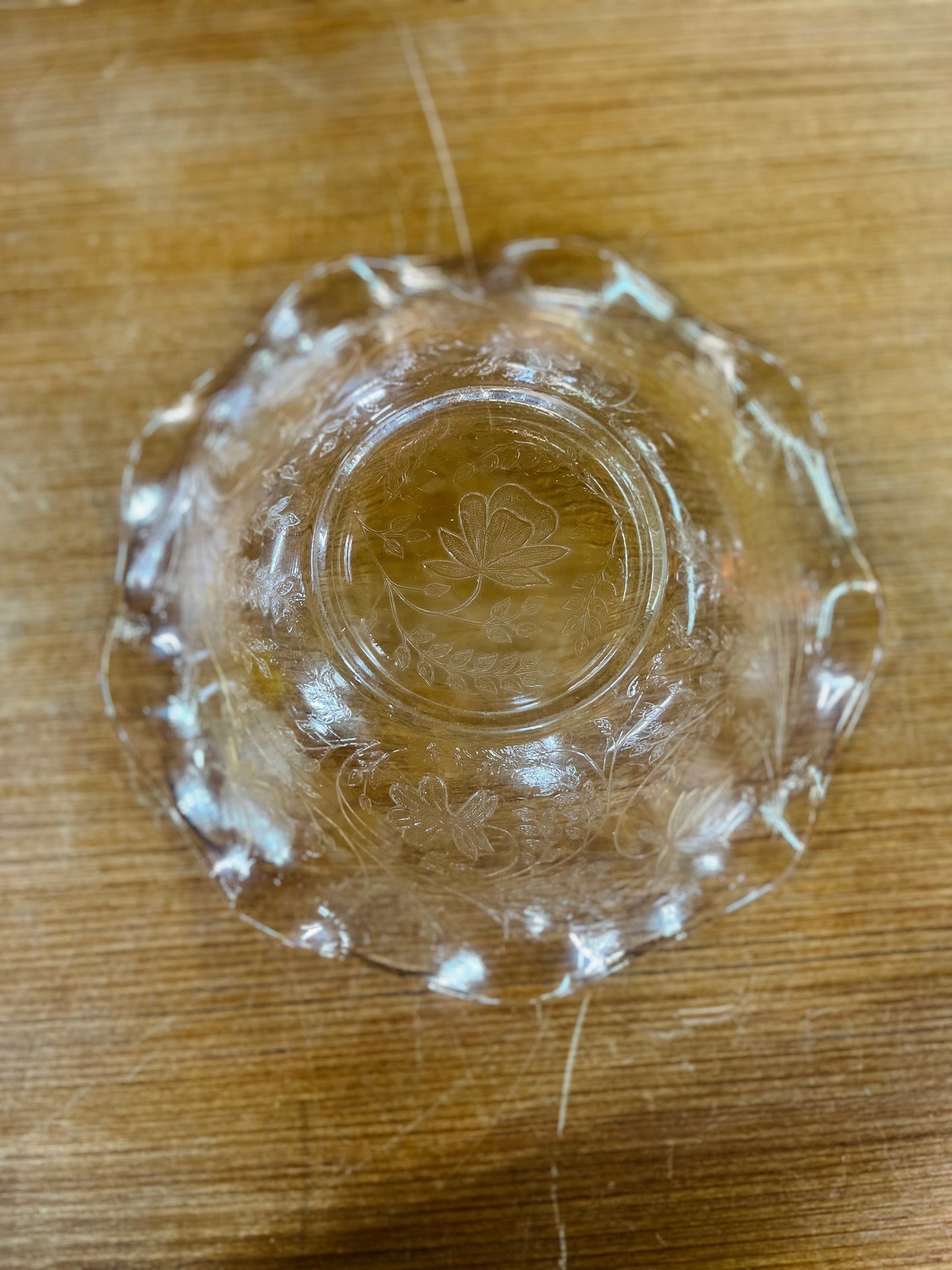 Vintage Depression Glass Bowl with Flowers And a Rose Tint