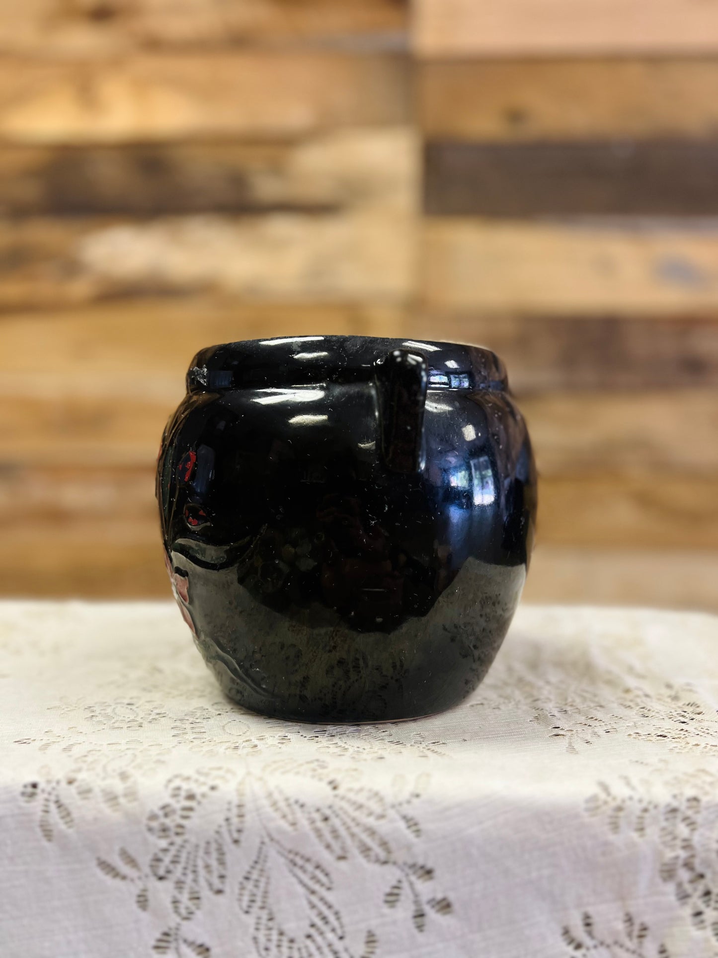 Vintage Pottery Stoneware Crock Featuring Hand-Painted Red Flowers on Black Finish