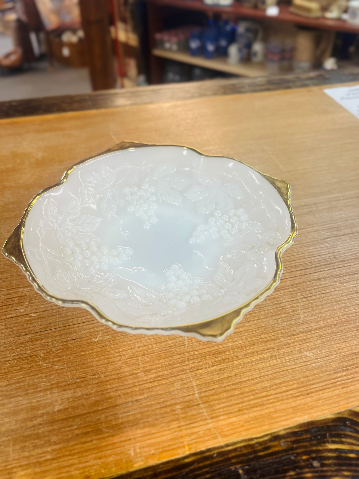 Vintage Milk Glass Bowl With Grapes And A Gold Rim