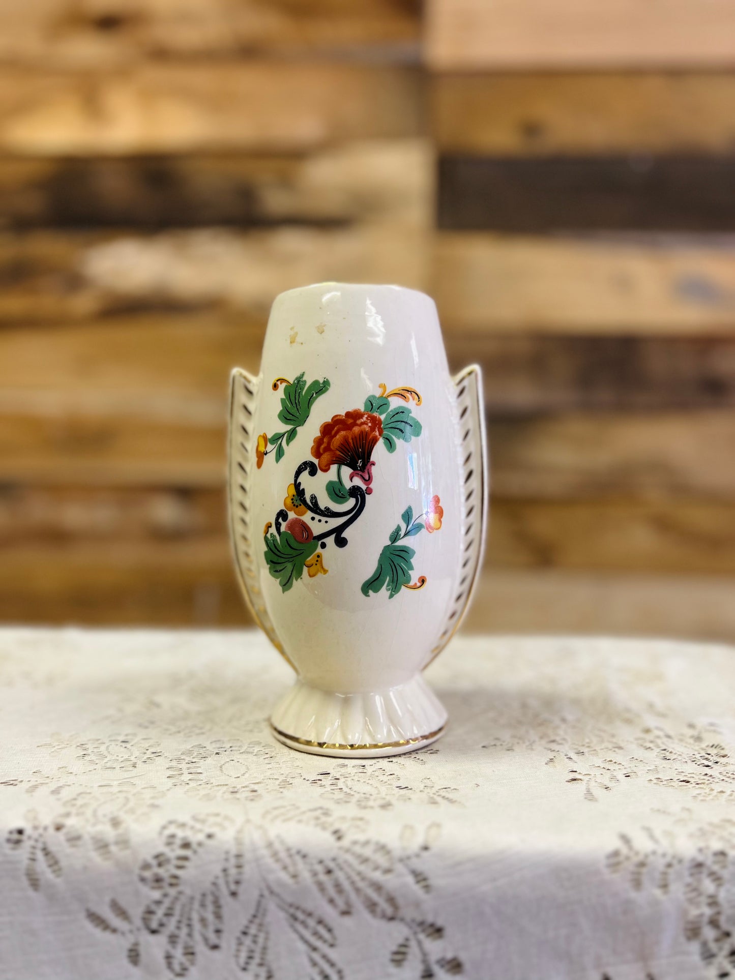 Vintage Ceramic Mantle Vase with Floral Design