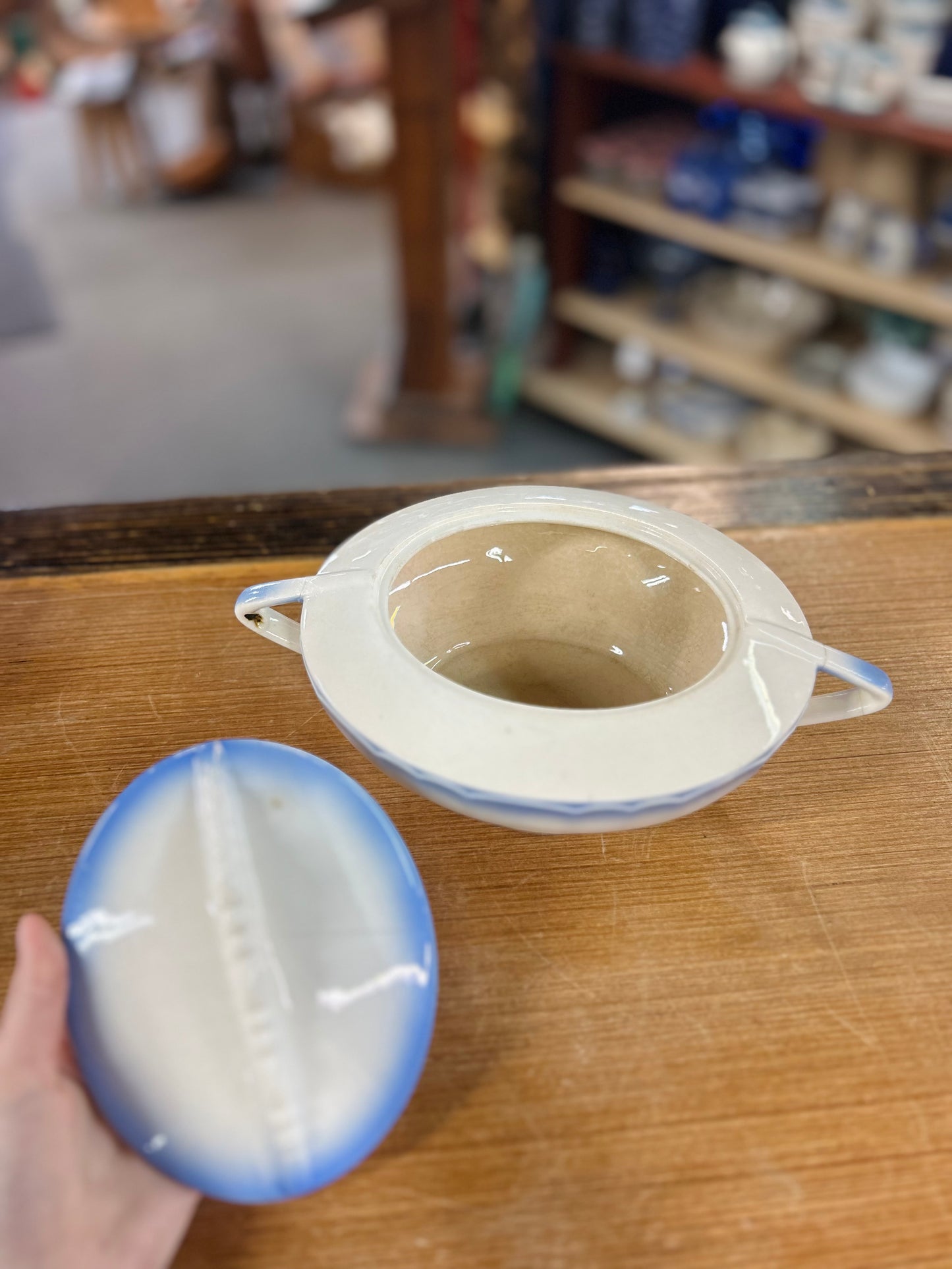 Vintage Very Old Lidded Blue Rim Gravy Bowl