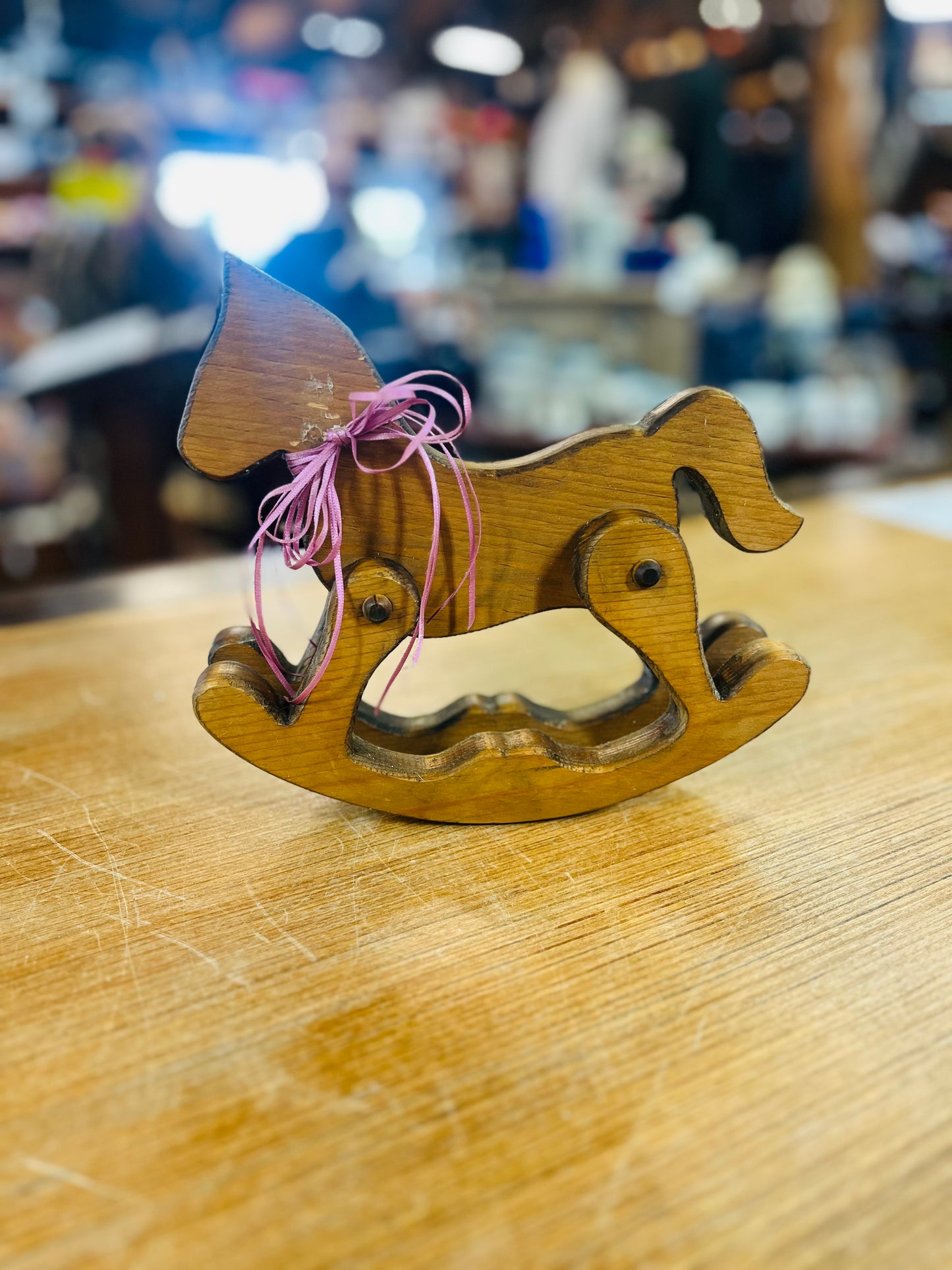 Vintage Hand Made Toy Rocking Horse With Pink Bow