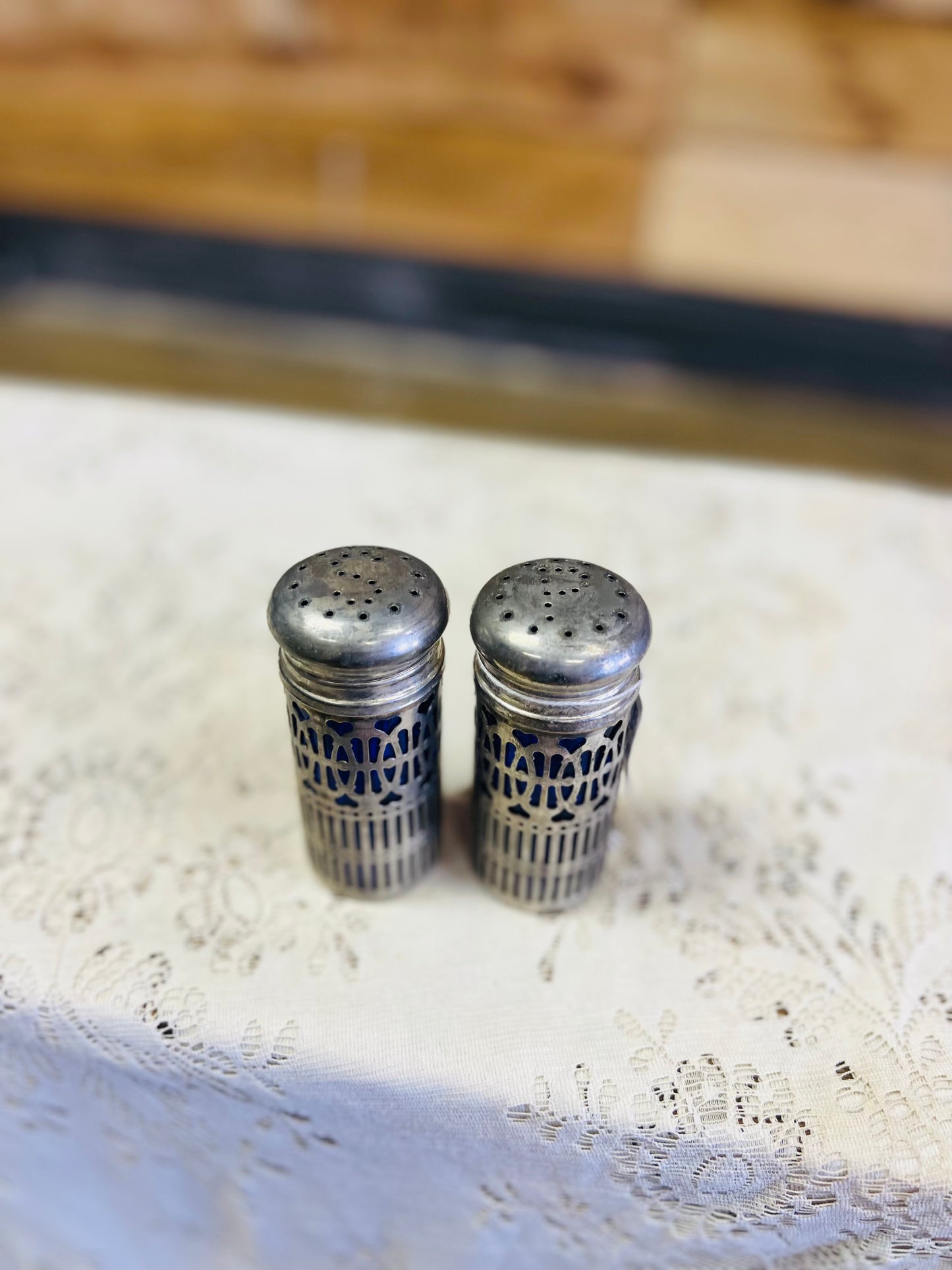 Vintage Cobalt Blue Salt and Pepper Shakers with Silver Plate