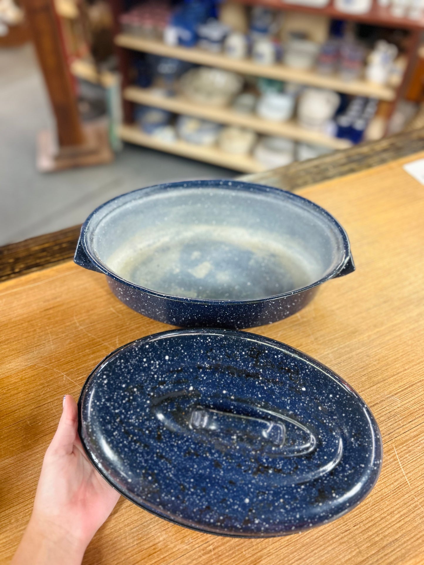 Vintage Enamelware Blue Speckled Pot