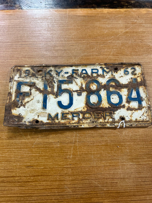 Vintage 1962 Kentucky- Farm Mercer Co License Plate