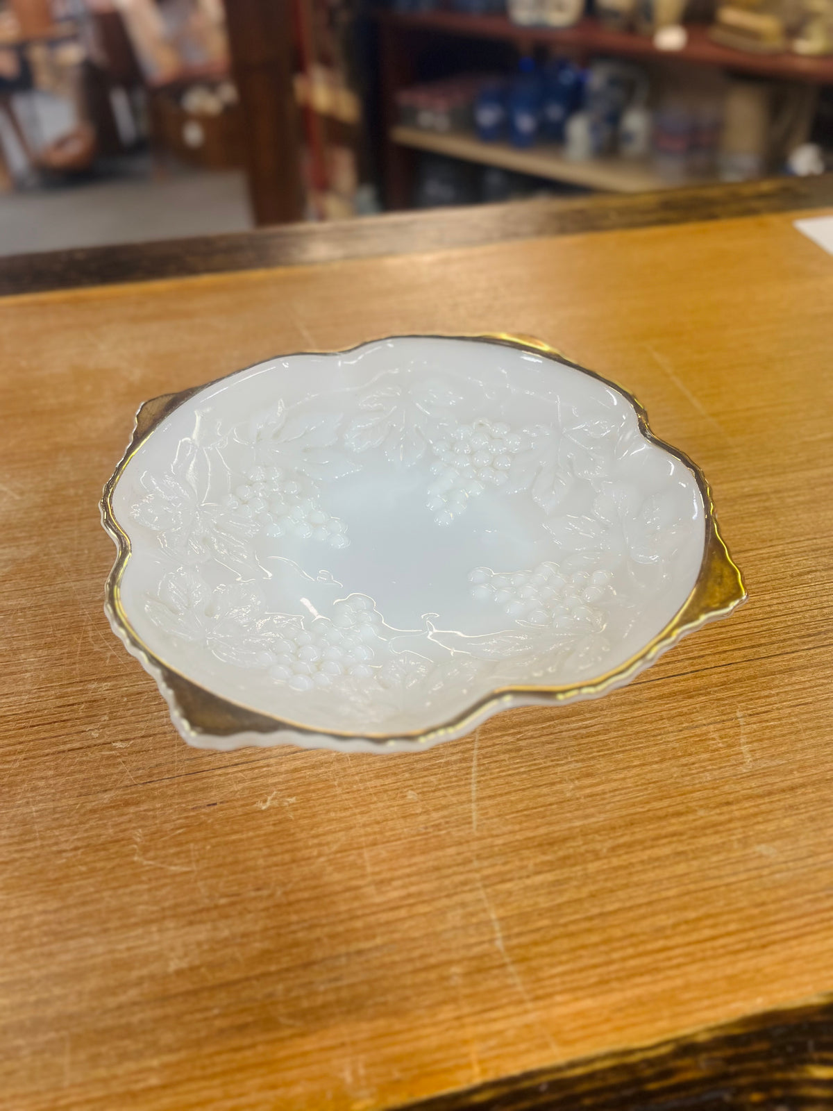 Vintage Milk Glass Bowl With Grapes And A Gold Rim