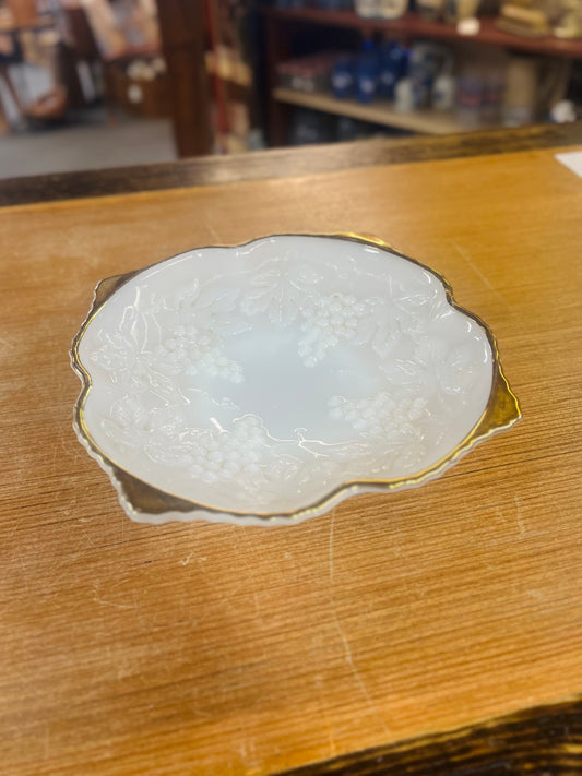 Vintage Milk Glass Bowl With Grapes And A Gold Rim
