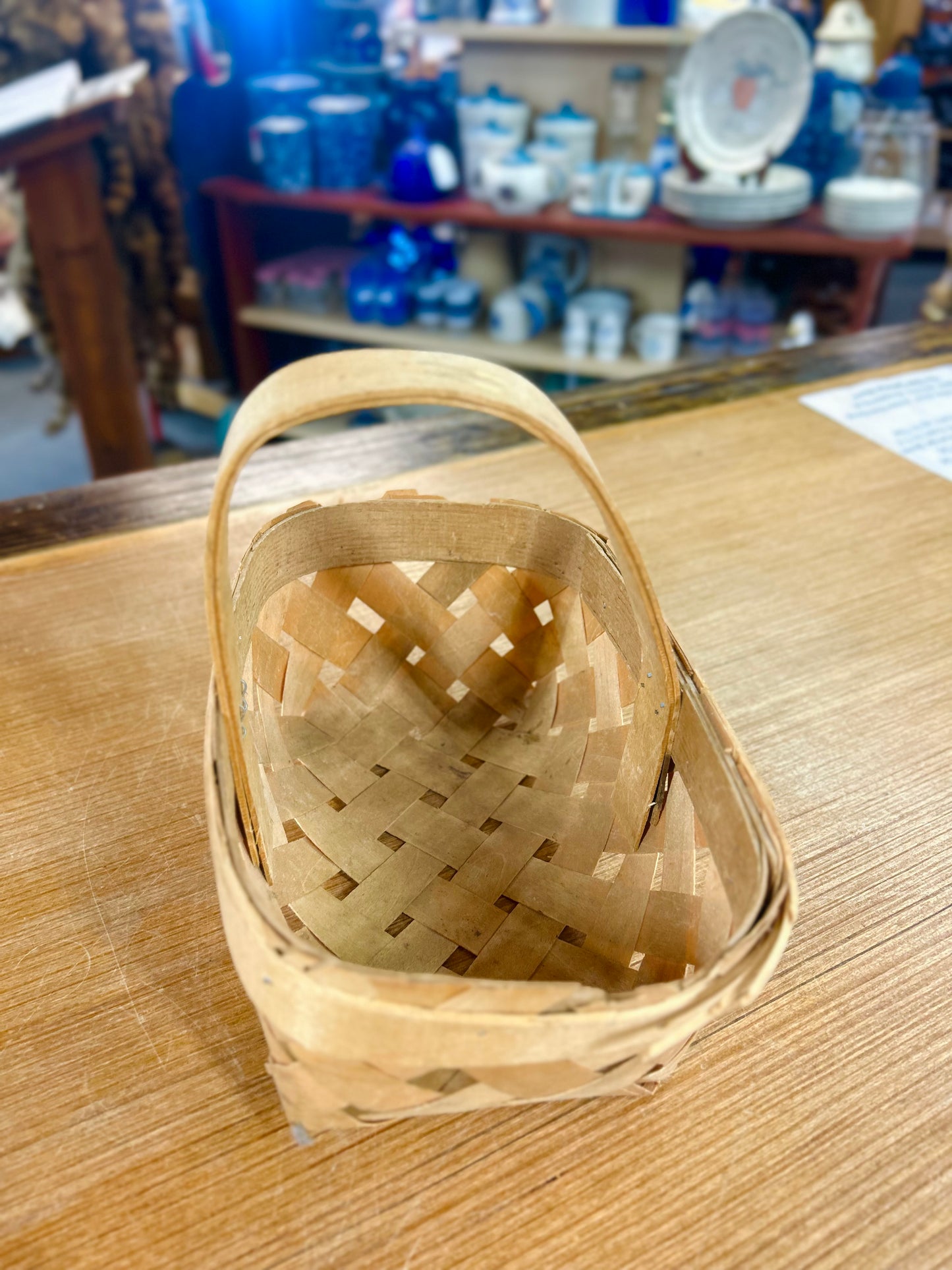 Vintage Amish Mini Wooden Woven Basket With Fixed Handle