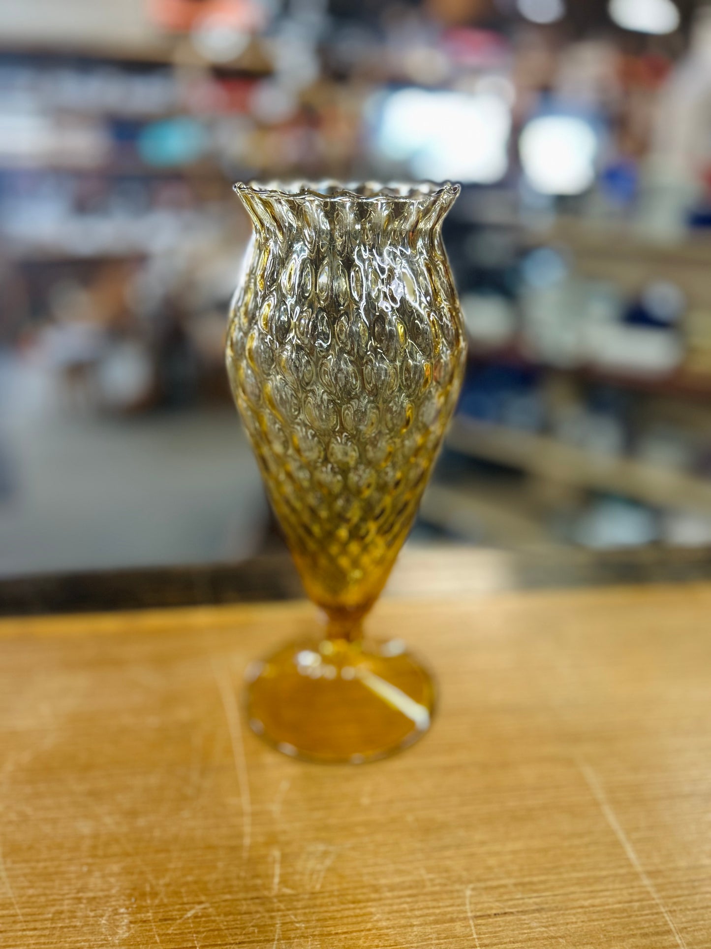 Vintage Amber Glass Vase with Bubble Pattern
