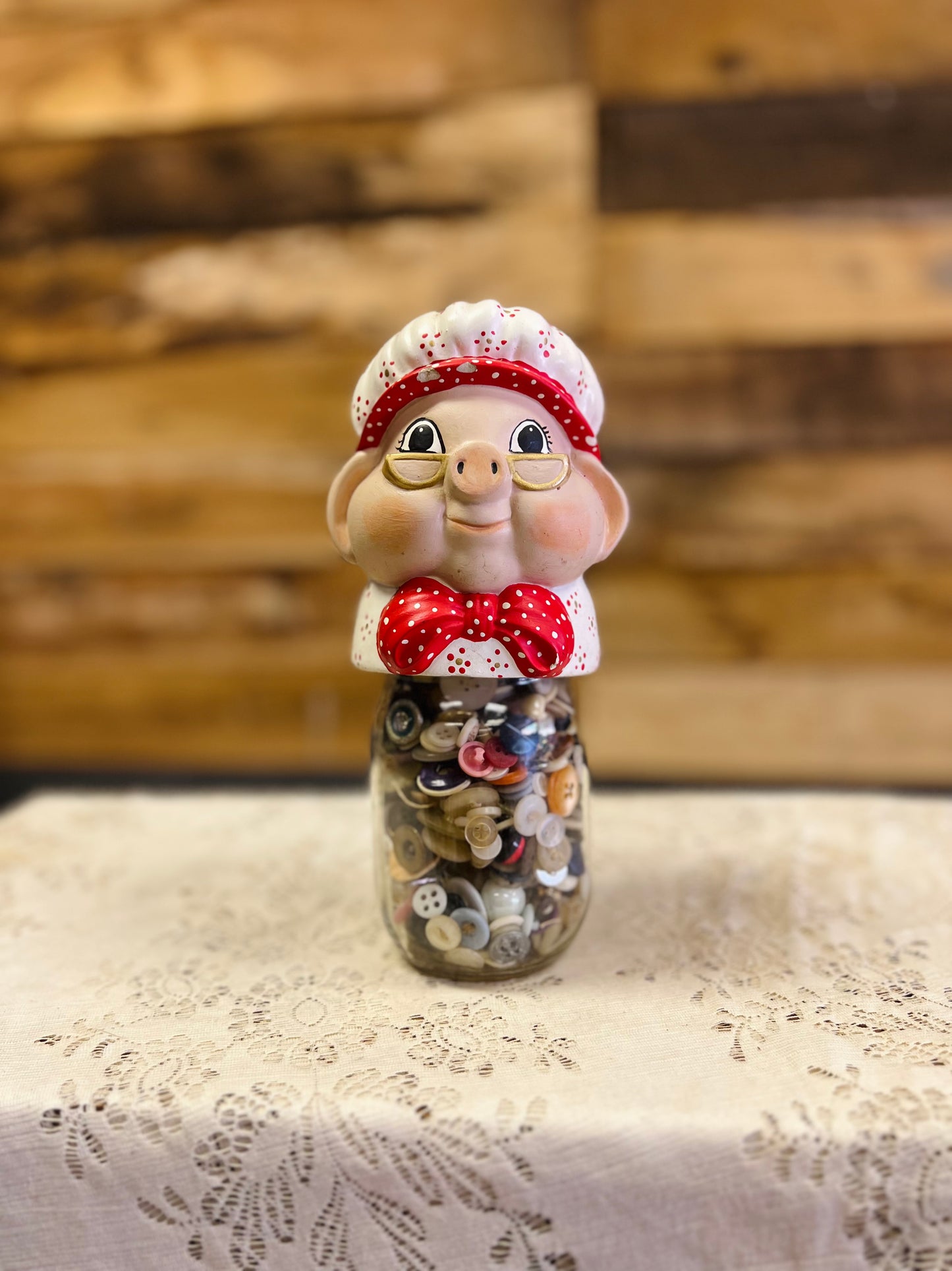 Vintage Style Ceramic " Grandma Pig" Mason Jar Filled with Buttons