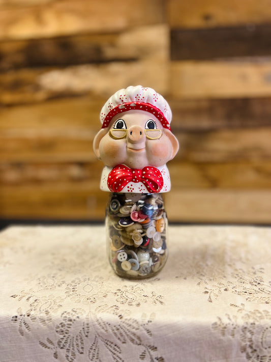 Vintage Style Ceramic " Grandma Pig" Mason Jar Filled with Buttons