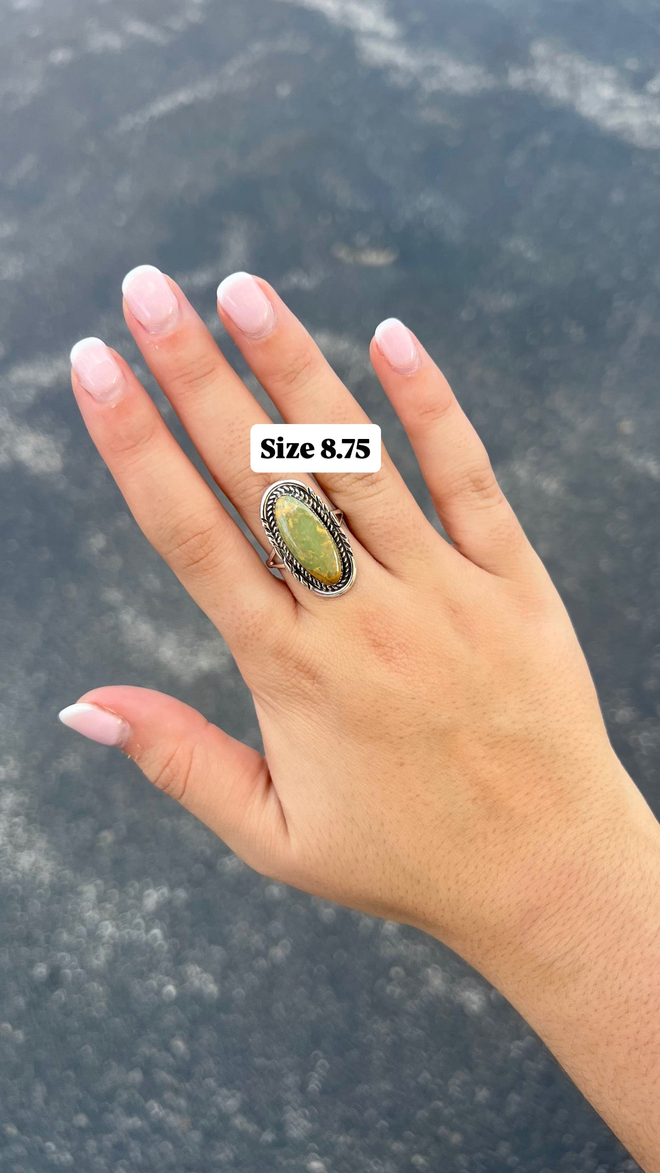 Oval Kingman Turquoise Ring with Stamped Border