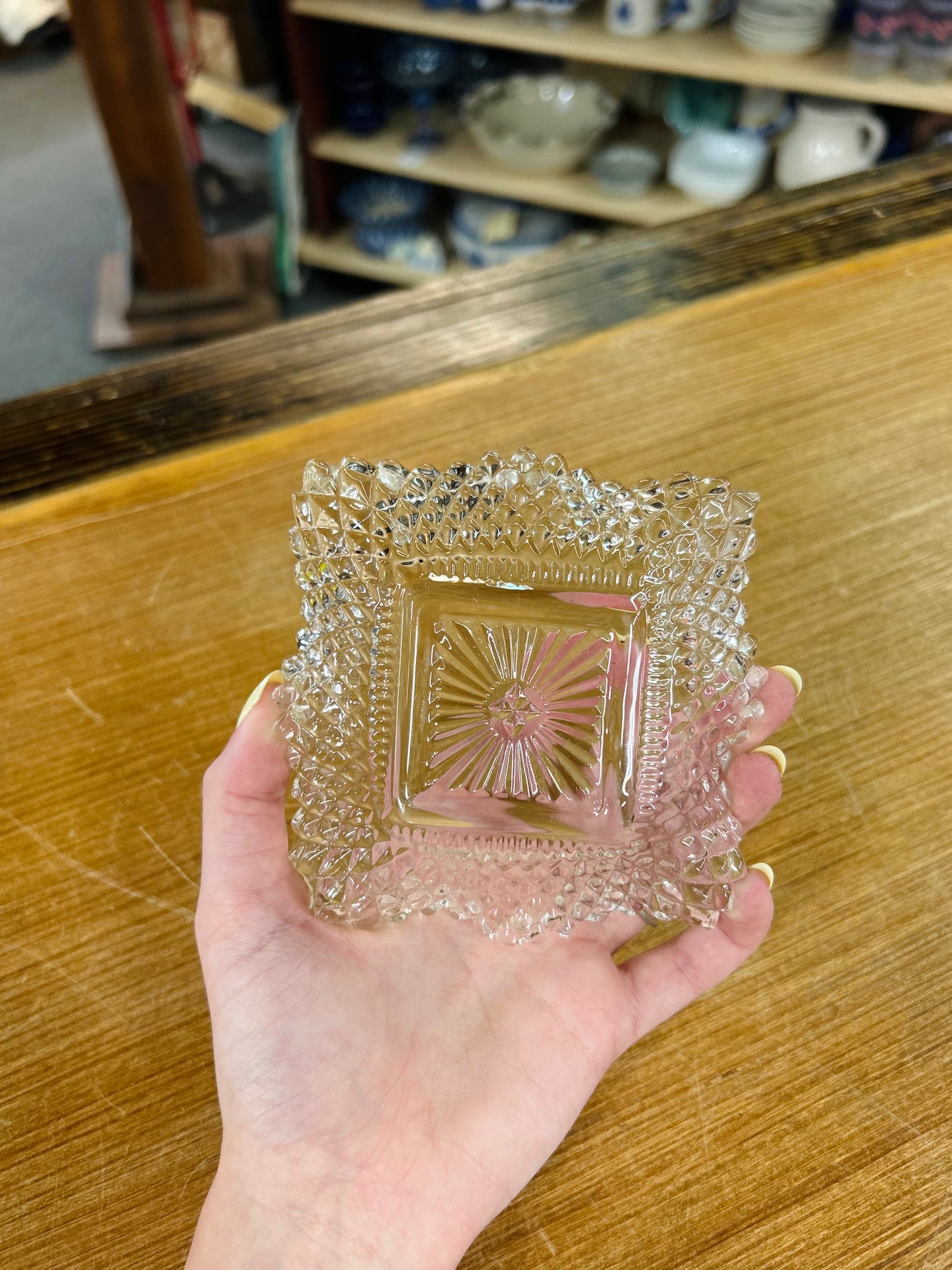 Vintage Indiana Glass Diamond Point Pattern Candy Dish with Ruffled Edge Set