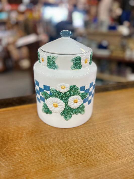 Vintage 1997 Young's Canister with Blue Gingham and Raised Daisy Detailing