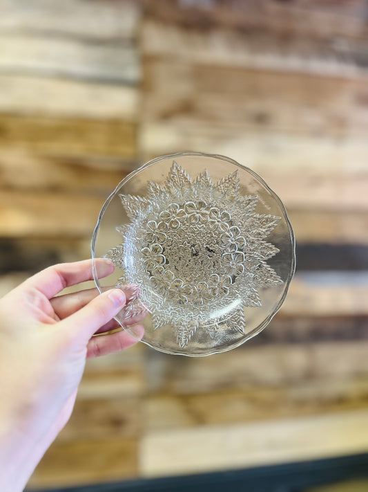 Vintage KIG Indonesia Pressed Clear Glass Floral Design Plate
