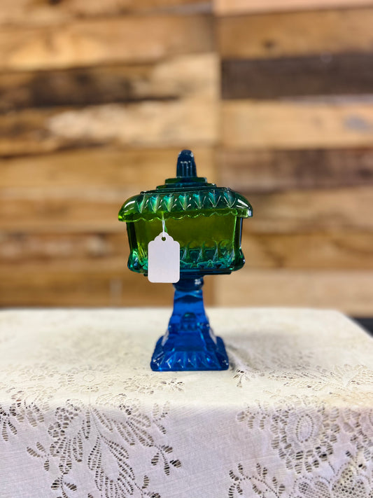 Vintage Blue & Green Ombre Pedestal Dish With Lid