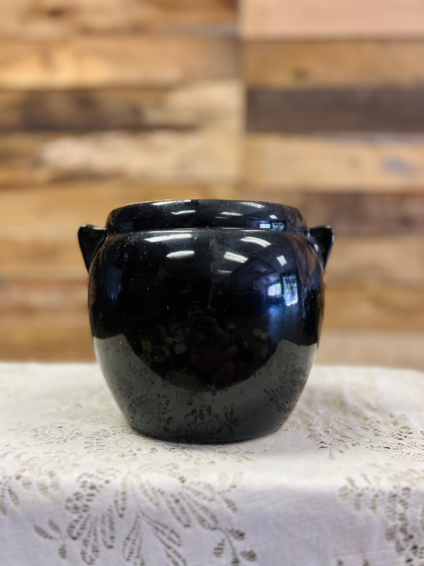 Vintage Pottery Stoneware Crock Featuring Hand-Painted Red Flowers on Black Finish