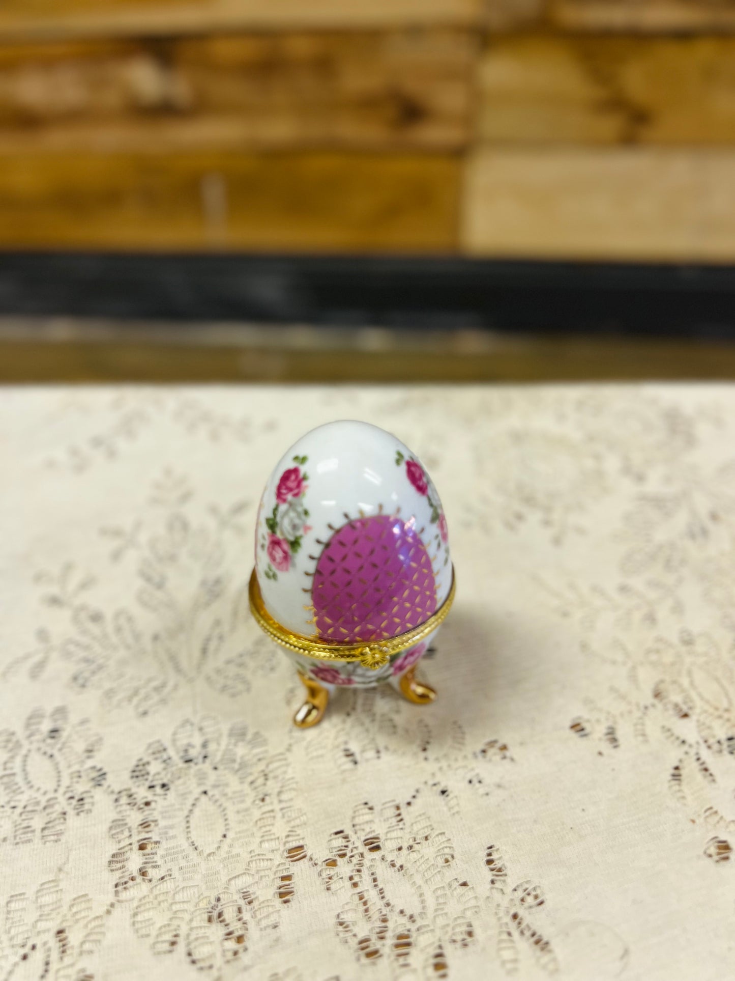 Vintage Egg Shaped Ceramic Trinket Box with Floral Designs
