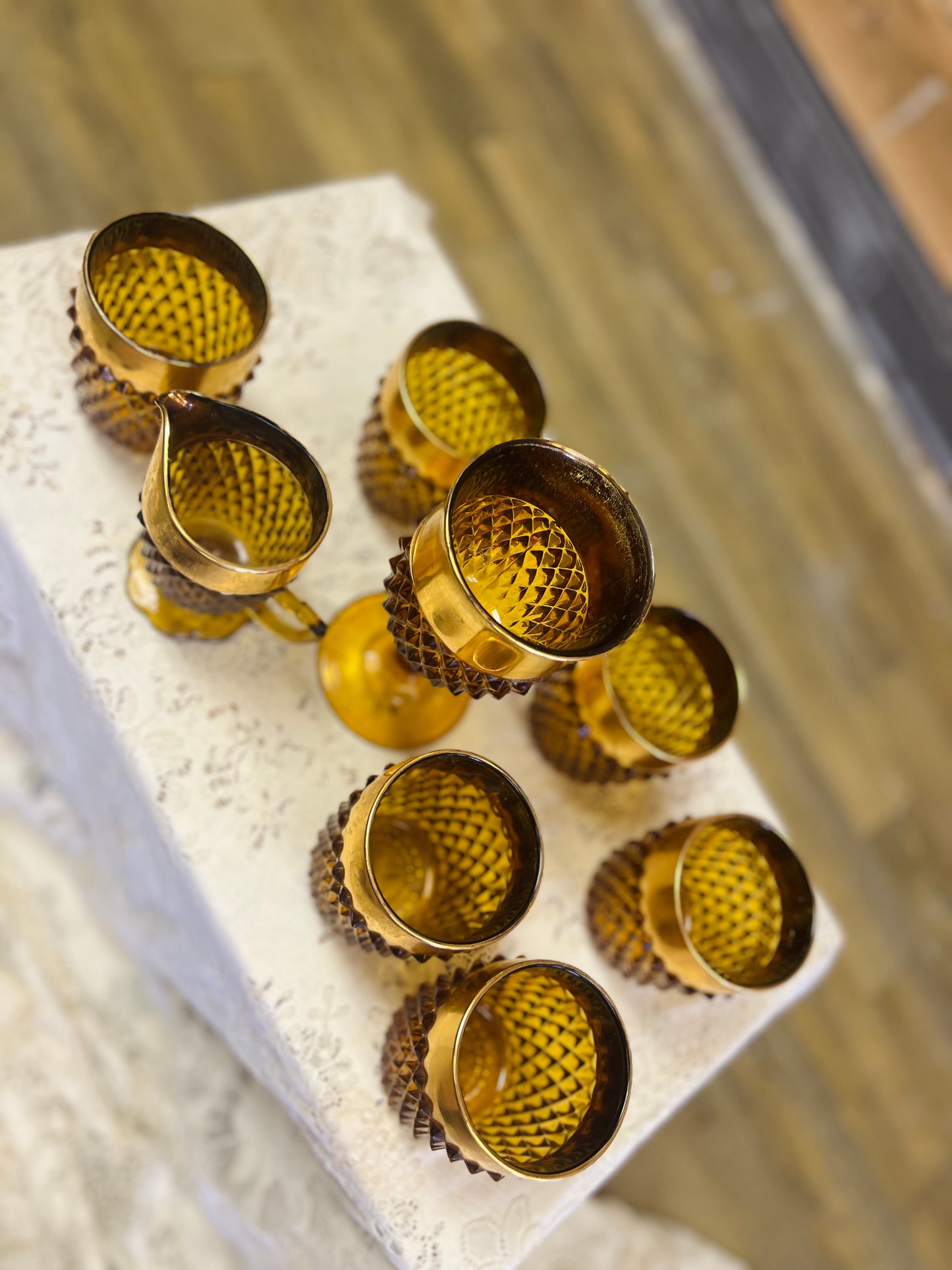 Vintage Indiana Glass Amber Diamond Point Tumbler 8 Piece Set