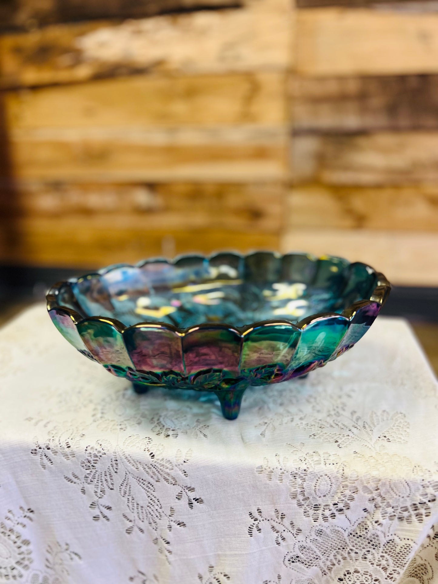Vintage Blue Carnival Glass Fruit Bowl