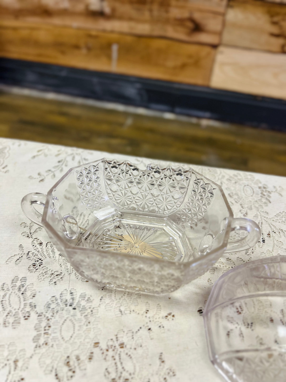 Vintage Double Handled Clear Pattern Covered Dish
