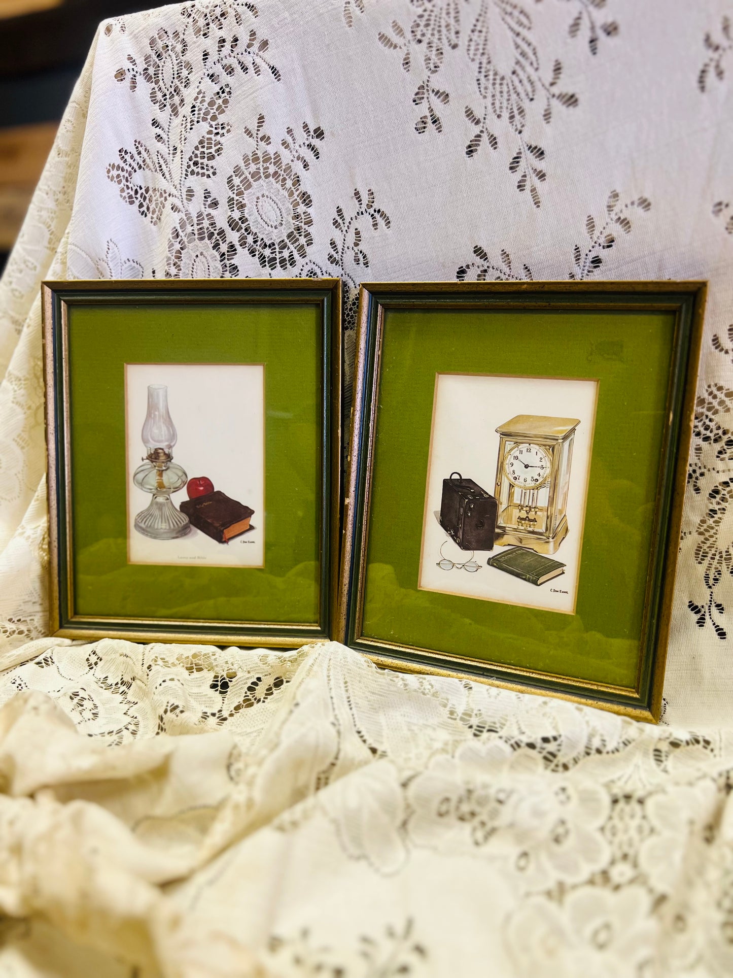 Vintage Green Framed Bible and Clock Photos Set