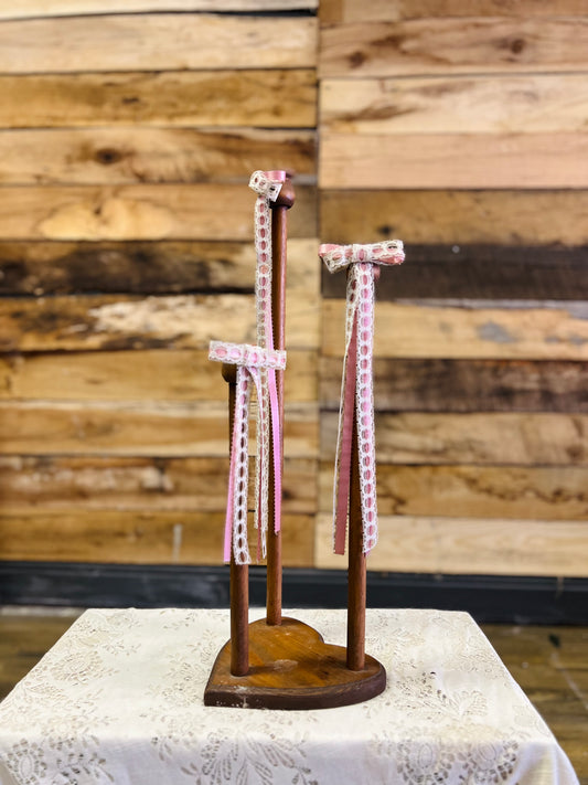 Wooden Candelabra Candle Holder with Pink and White Ribbon Bows