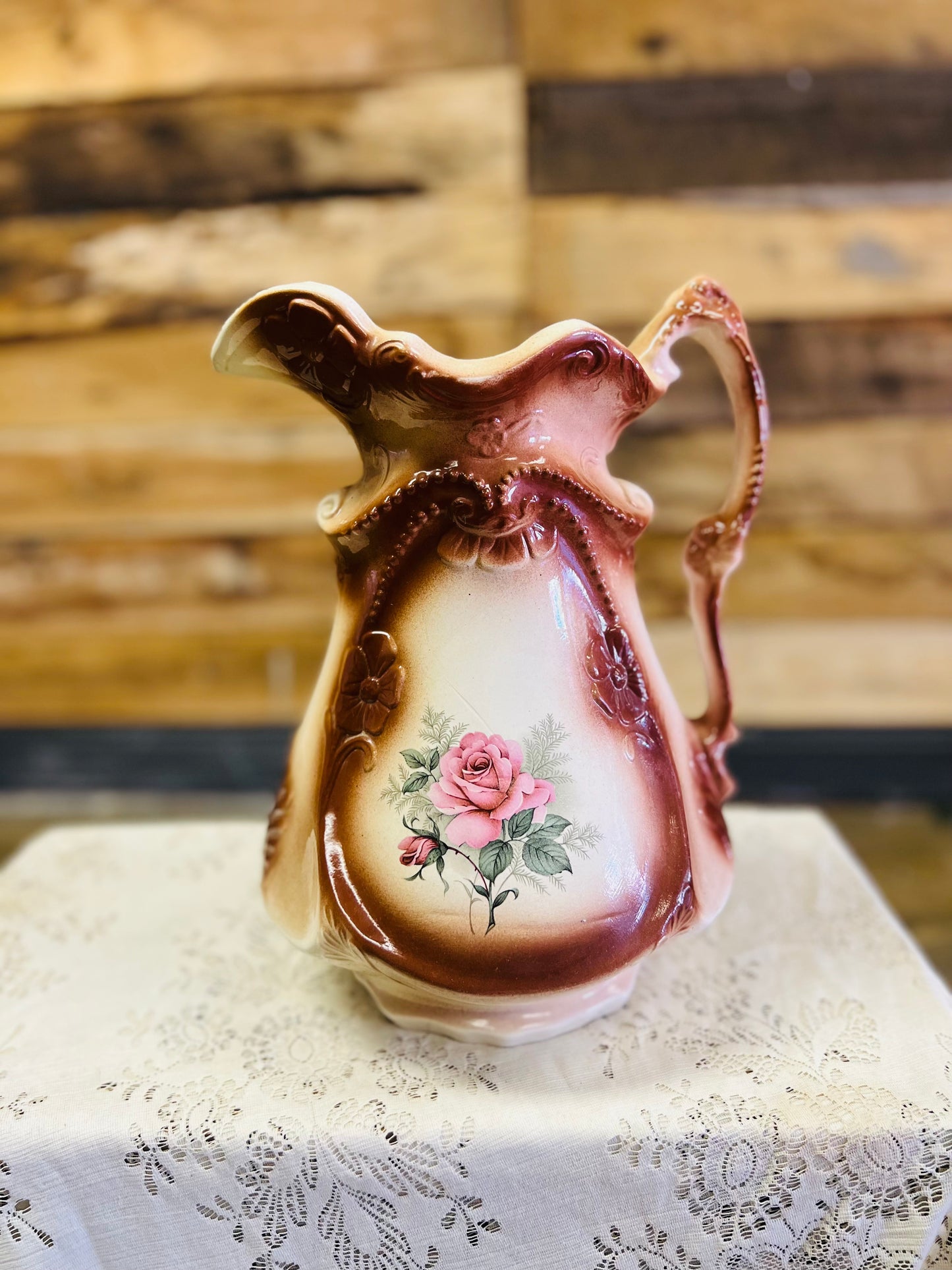 Vintage Ironstone Large Rose Pitcher