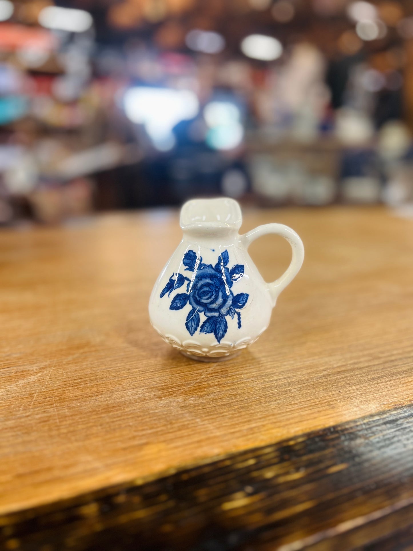 Vintage Blue Floral Ceramic "Lefty" Pitcher