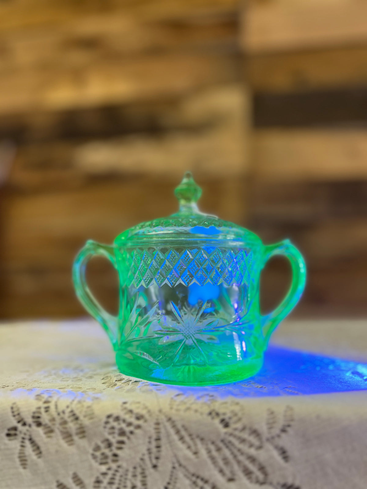 Vintage Green Double Handled Uranium Glass Dish With Lid